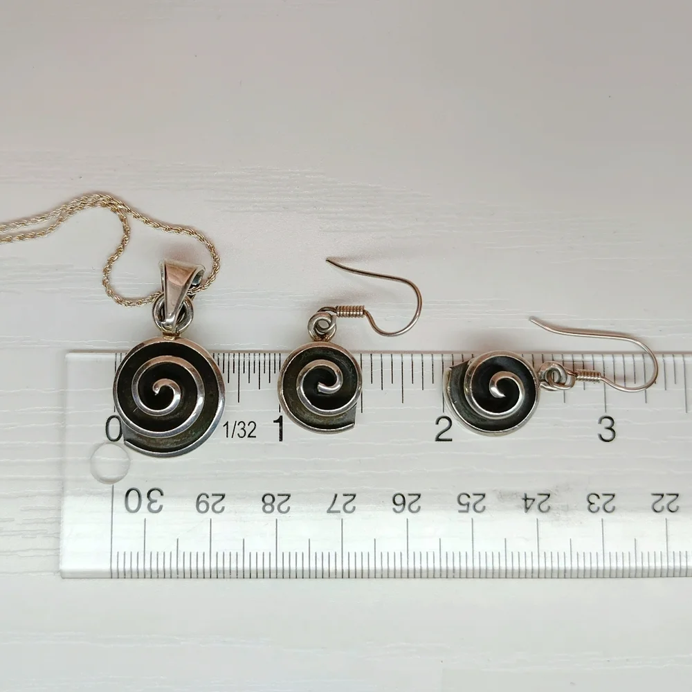 Vintage Mexico Sterling Silver Modernist Spiral Pendant Necklace Earring Set 20" - Picture 6 of 15